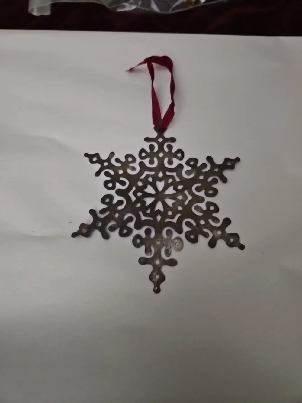 Restoration Hardware Bronze Snowflake Ornament with Burgundy Ribbon